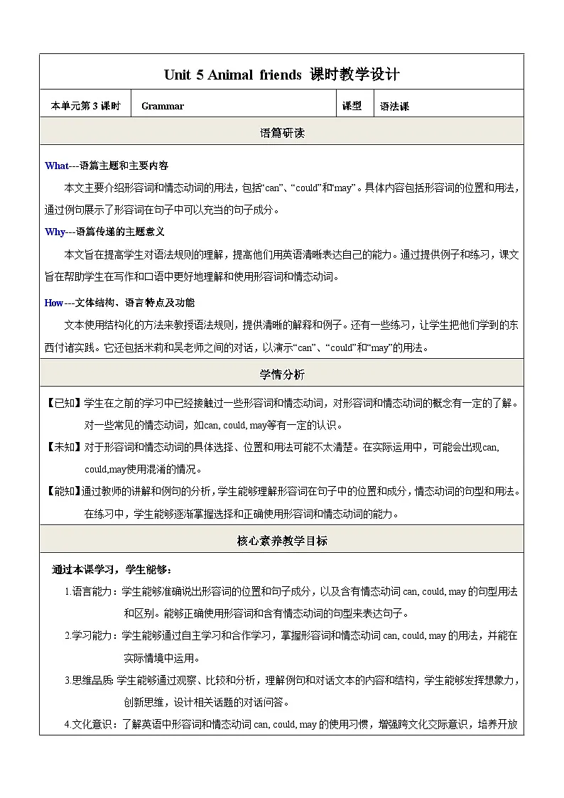 Unit5 Animal friends第3课时Grammar教学设计第1页