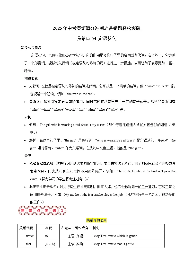 易错点04 定语从句-备战2025年中考英语考试易错题(江苏专用)(解析版)第1页