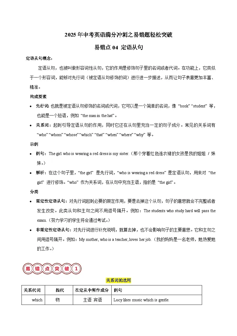 易错点04 定语从句-备战2025年中考英语考试易错题(江苏专用)(原卷版)第1页