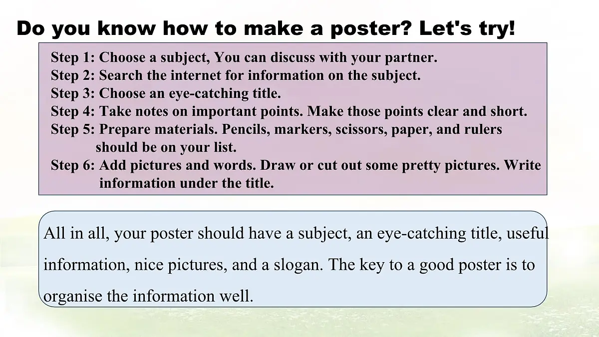 Unit 6 Lesson 5 How to make a poster.课件 英语冀教版(2024)七年级下册第5页