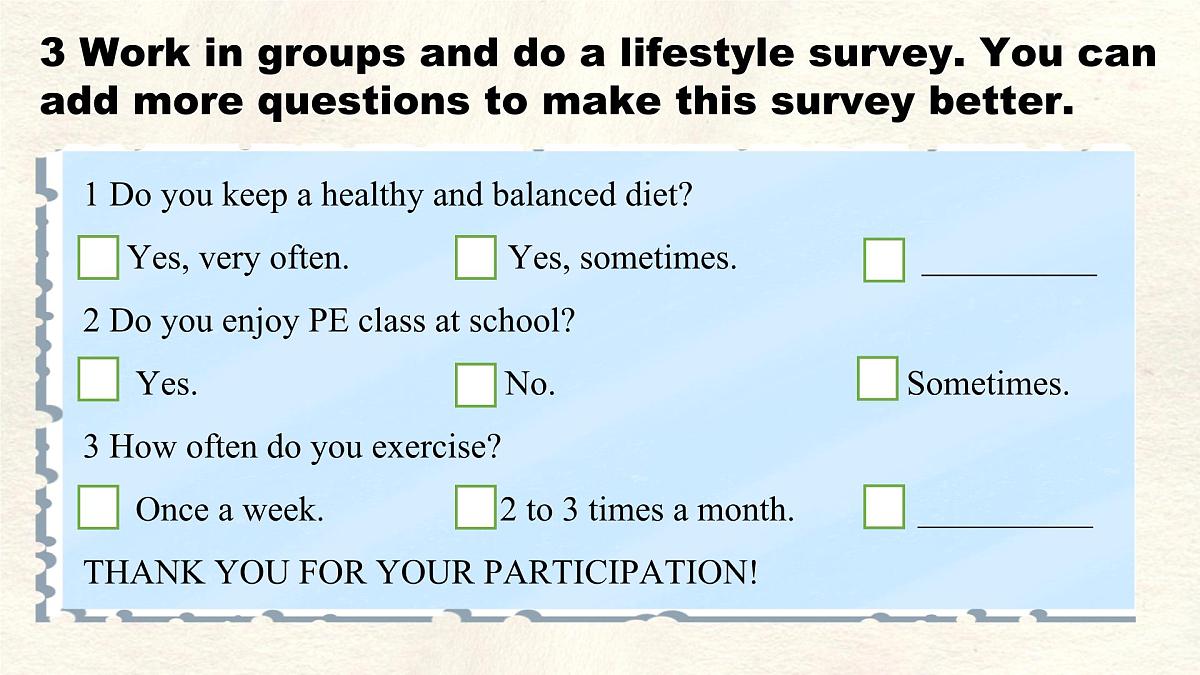 Unit 7 Lesson 5 A lifestyle survey课件 英语冀教版(2024)七年级下册第7页