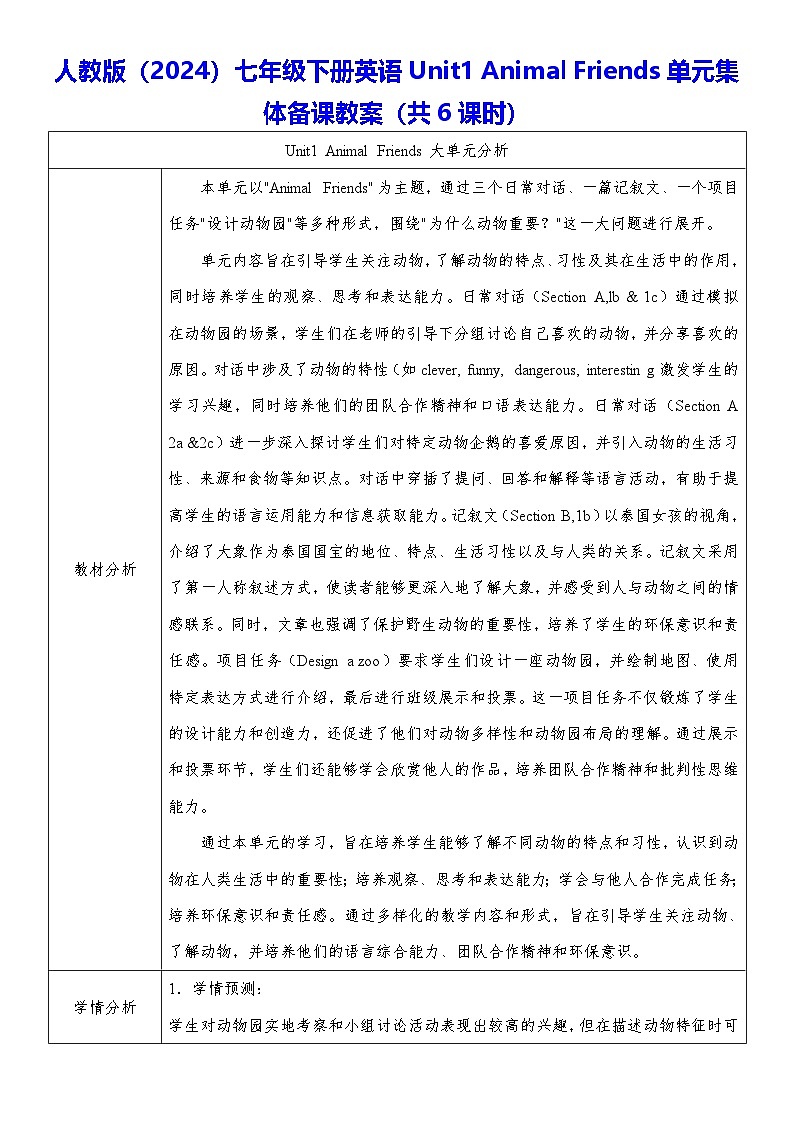 人教版(2024)七年级下册英语Unit1 Animal Friends单元集体备课教案(共6课时)第1页
