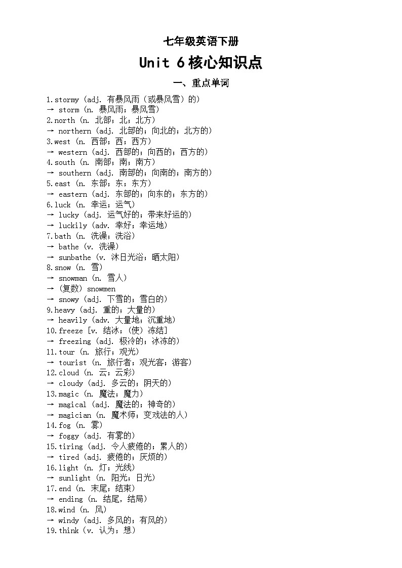 初中英语新人教版七年级下册Unit 6 Rain or Shin核心知识点(单词+短语+句型+语法)第1页