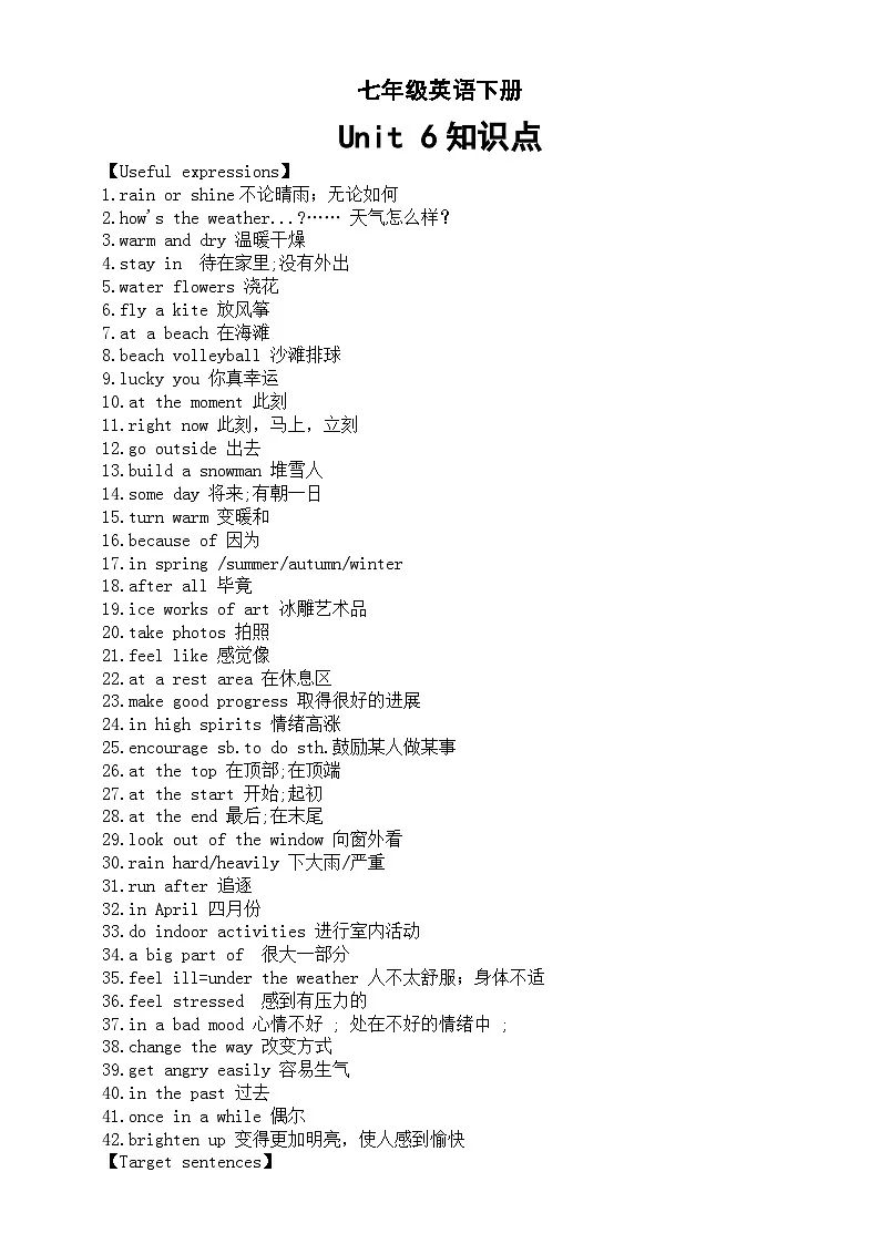 初中英语新人教版七年级下册Unit 6 Rain or Shine知识点(2025春)第1页