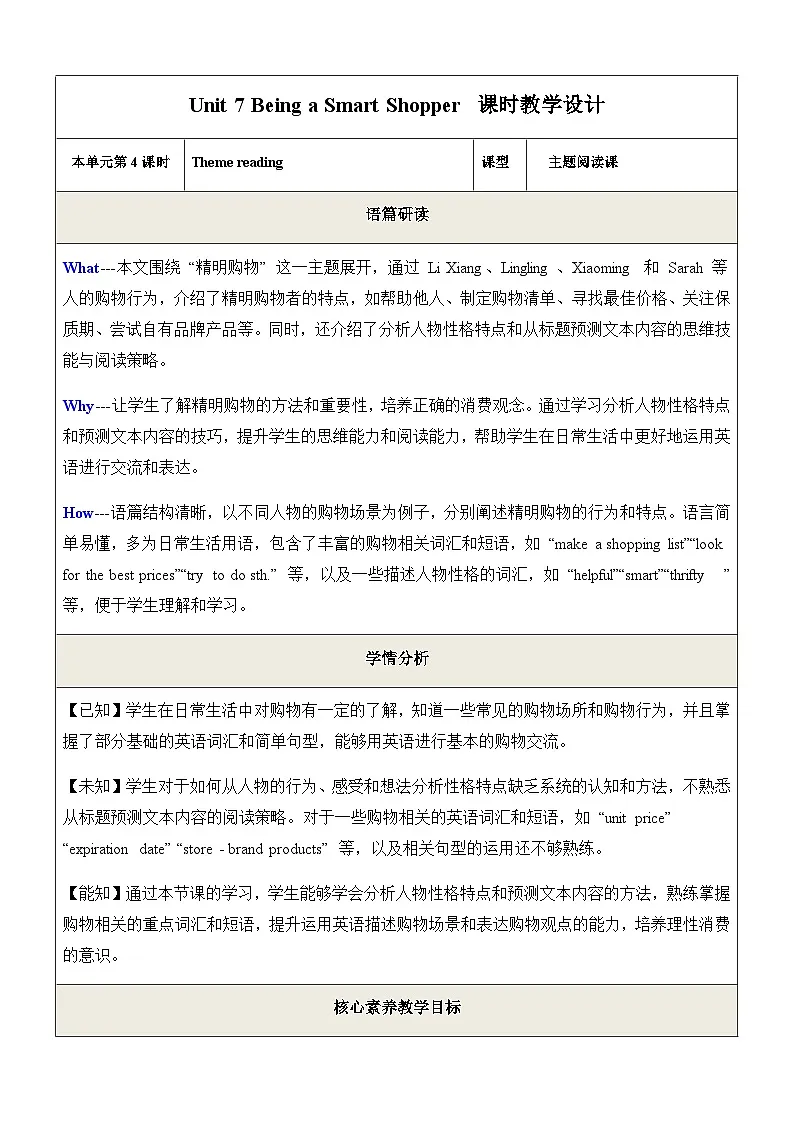 Unit 7 Being a Smart Shopper 第4课时 Theme Reading 教学设计-七年级英语下册(仁爱科普版2024)第1页