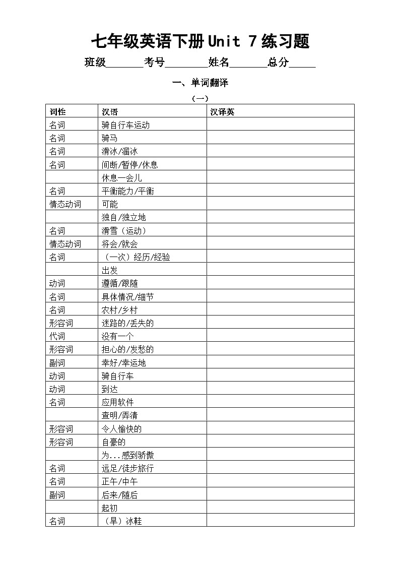 Unit 7 Outdoor fun重要知识点练习(单词+词性+短语+句型)-2024-2025学年译林版七年级英语下册第1页