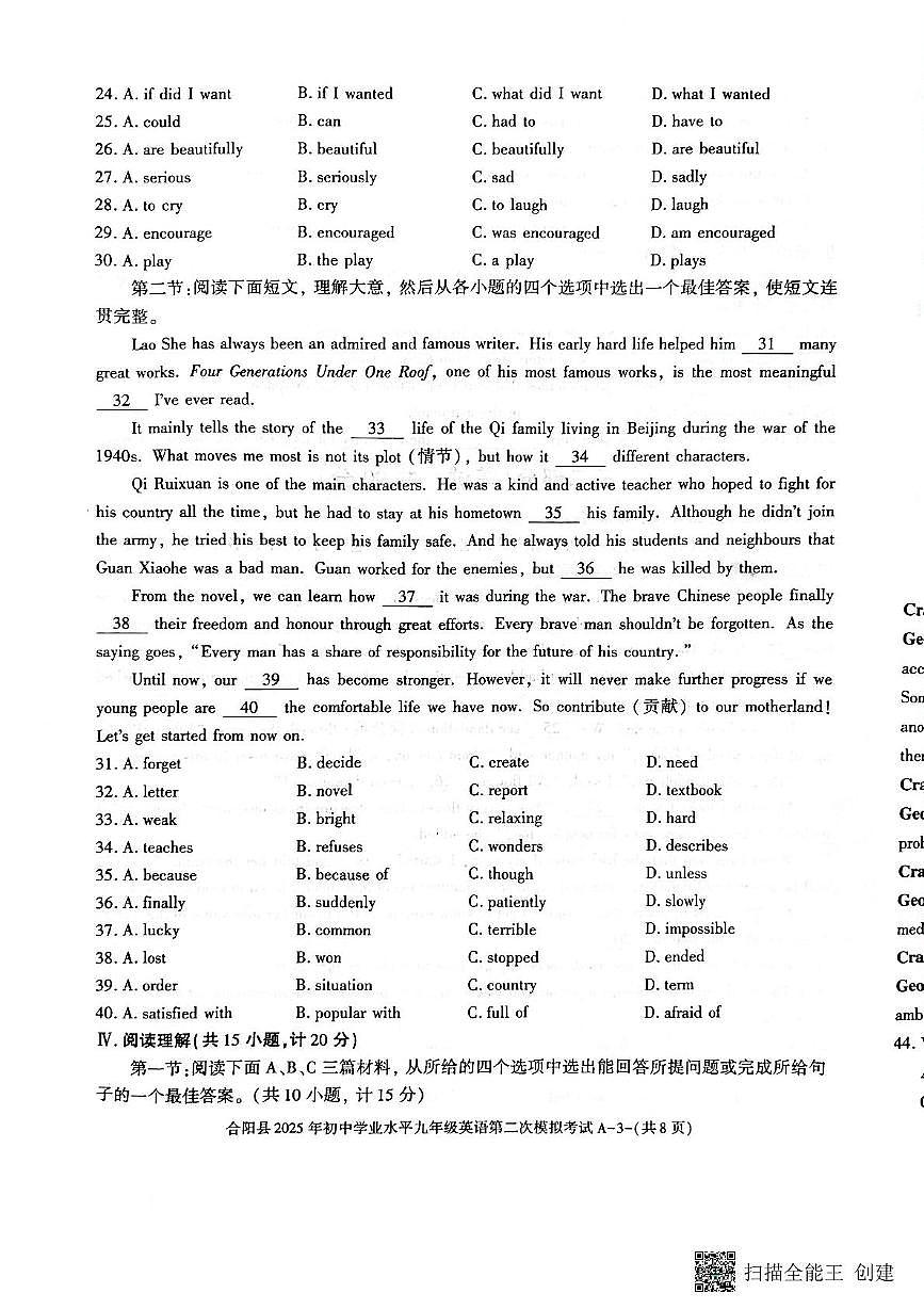 2025年陜西省渭南市合陽縣九年級下學(xué)期二模英語試題(中考模擬)第3頁