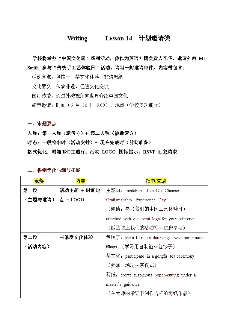 2025屆考生必備英語中考熱點(diǎn)話題寫作導(dǎo)學(xué)案 Lesson 14 計(jì)劃邀請(qǐng)類第1頁