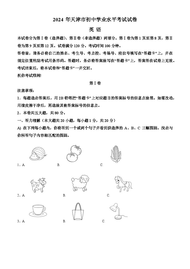 精品解析:2024年天津市中考英语真题(原卷版)第1页