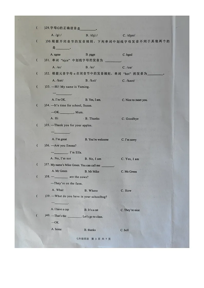广西壮族自治区北海市合浦县2024-2025学年七年级上学期11月期中英语试题第3页