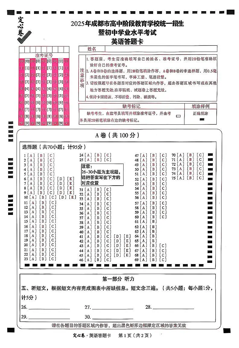 2025《万唯中考•成都定心卷》英语答题卡第1页