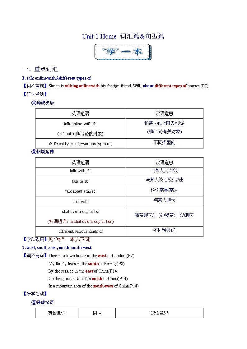 Unit 1 Home 词汇篇&句型篇(“学”&“练”)(解析版)第1页