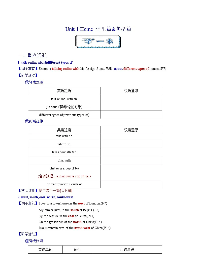 Unit 1 Home 词汇篇&句型篇(“学”&“练”)(原卷版)第1页