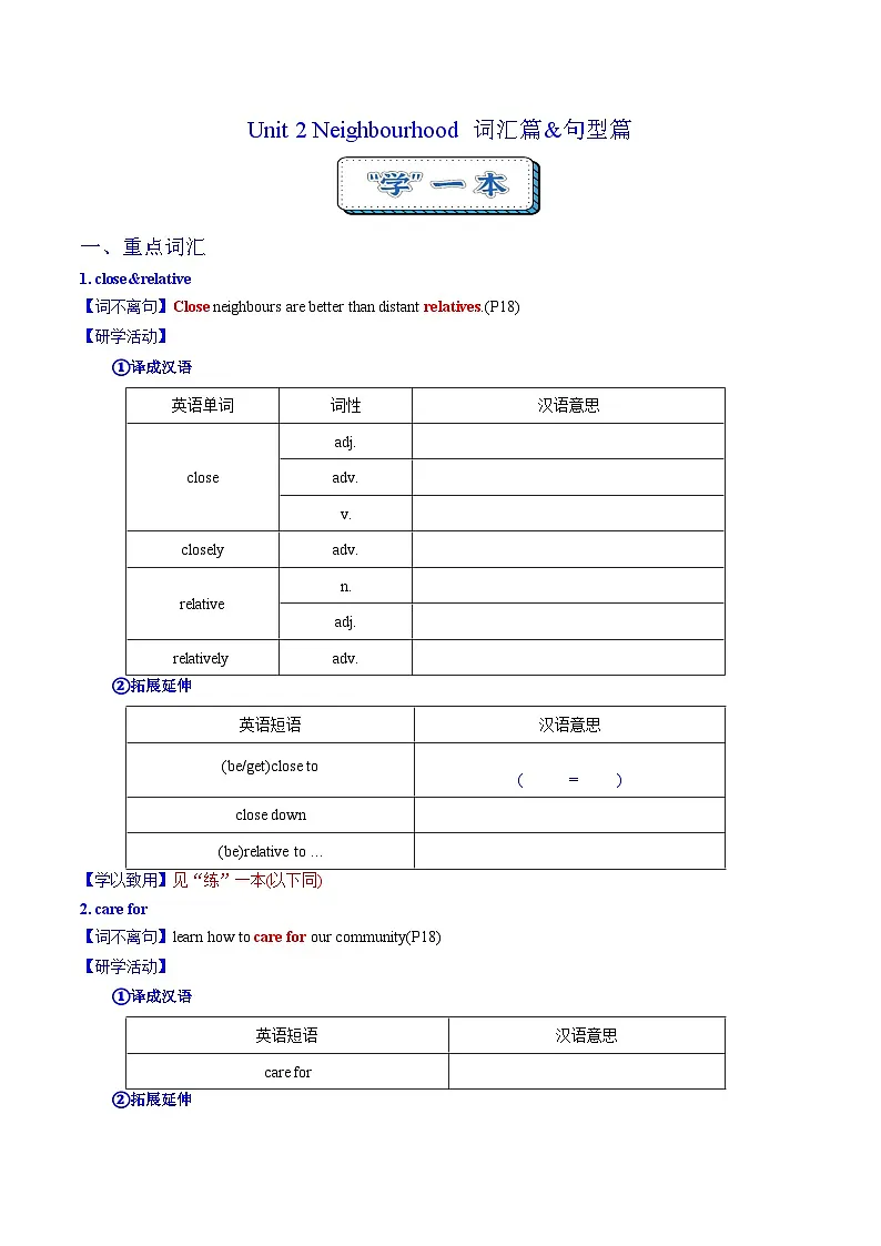 Unit 2 Neighbourhood 词汇篇&句型篇(“学”&“练”)(原卷版)第1页