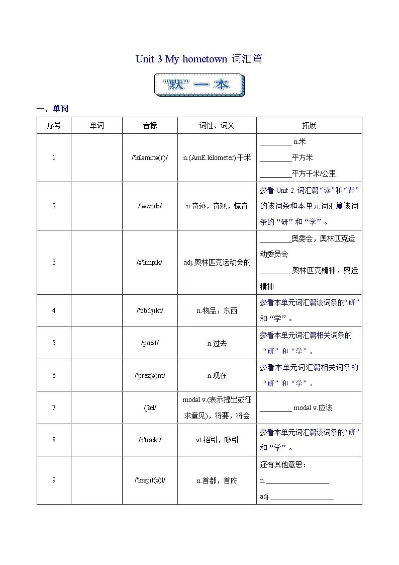 Unit 3 My hometown 词汇篇(“默”)第1页