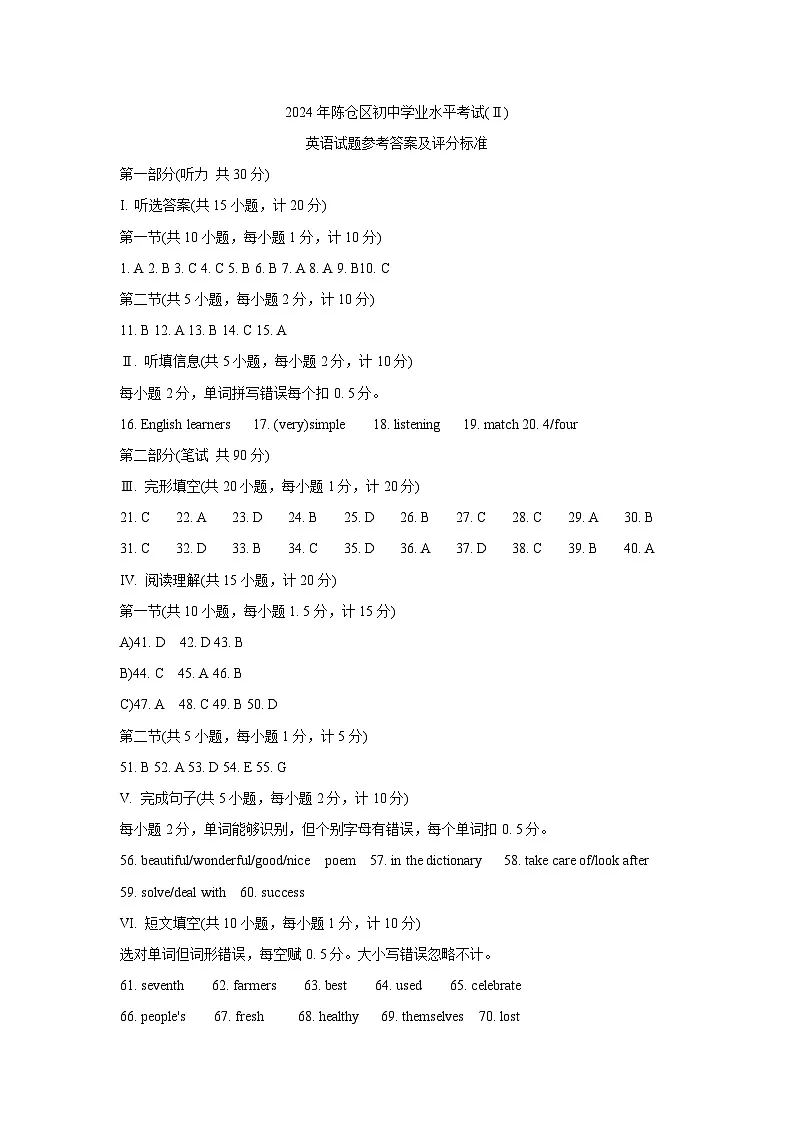 2024年陕西省宝鸡市陈仓区中考二模英语试题答案第1页