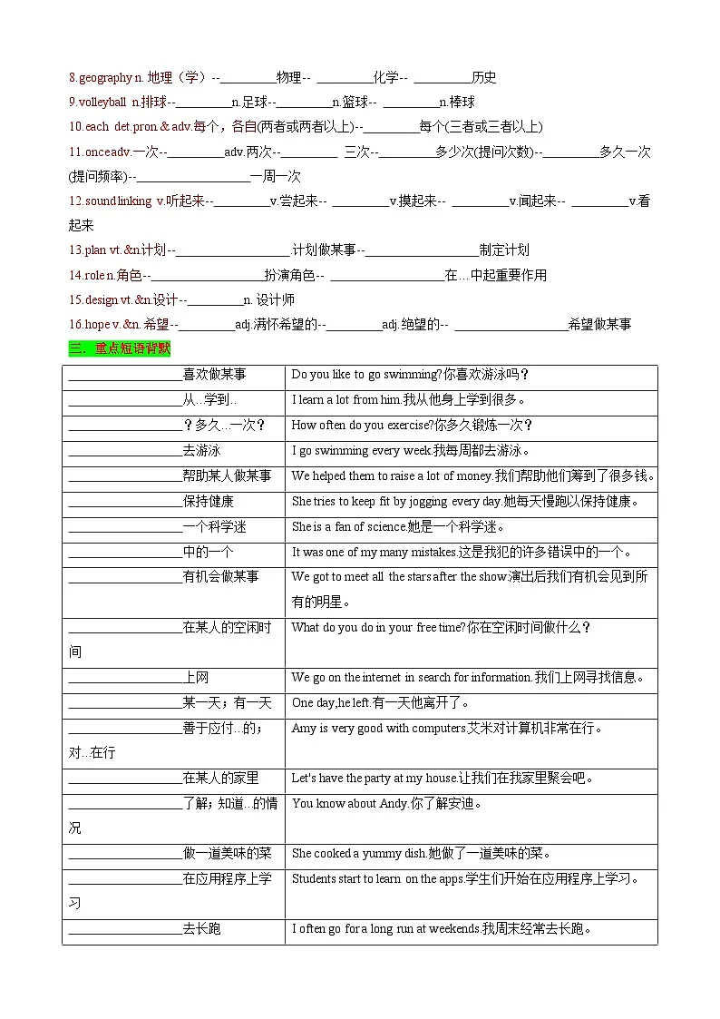 【同步100分背默】Unit2 Hobbies 知识清单(默写版)-2024-2025学年七年级上册同步知识背默(牛津译林版2024)第2页