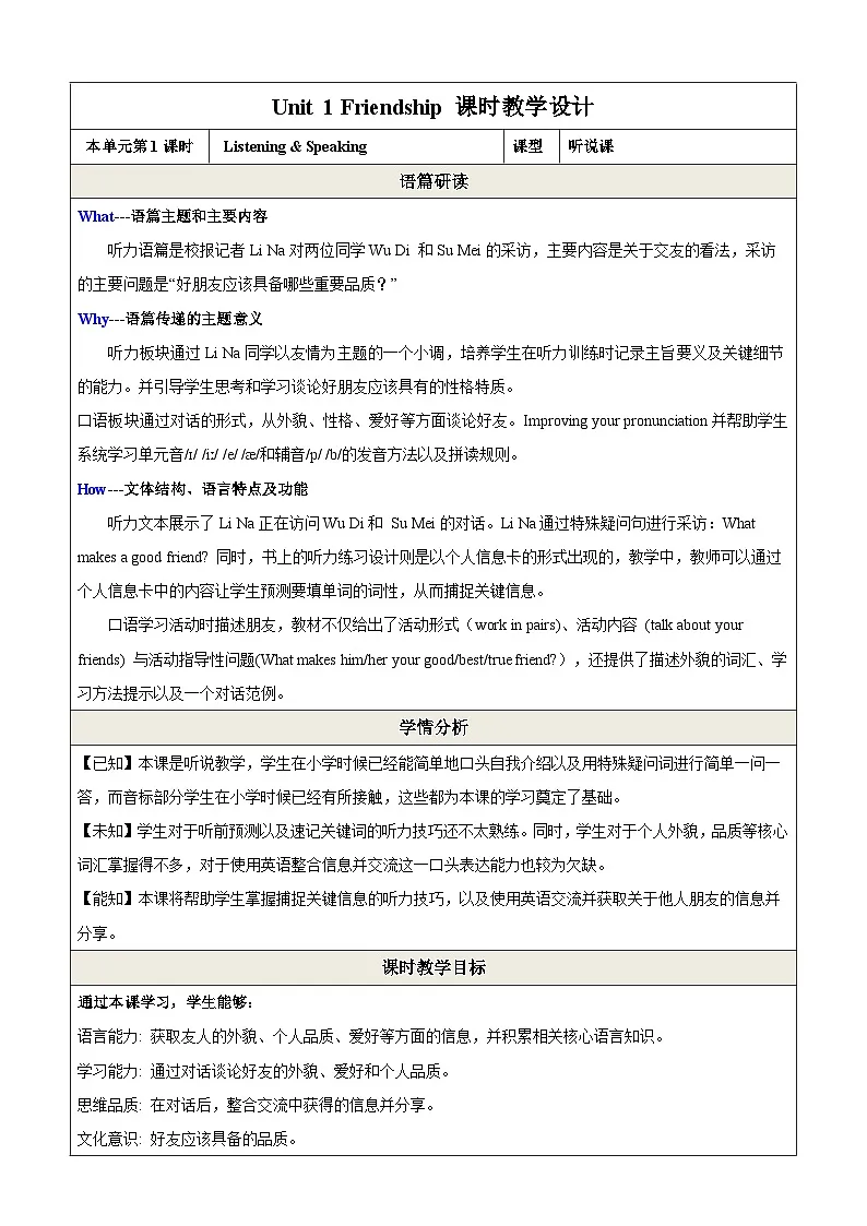 七上 Unit 1 Friendship 第二课时 Listening&Speaking 教学设计(牛津沪教版)第1页