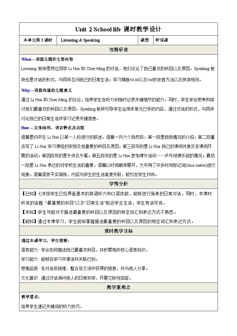 Unit 2 School life 第二课时 Listening & Speaking教学设计第1页