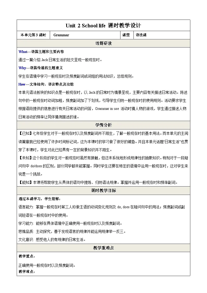 七上 Unit 2 School life 第三课时 Grammar教学设计(牛津沪教版)第1页