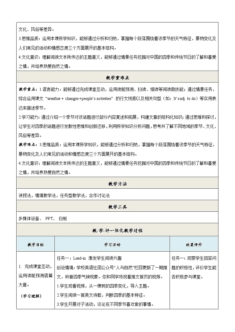 7A Unit 3 The seasons第一课时 Reading 教学设计第2页