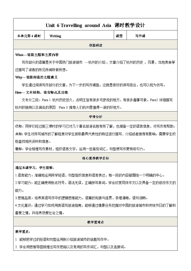 Unit 6 Travelling around Asia 第4课时Writing教学设计第1页