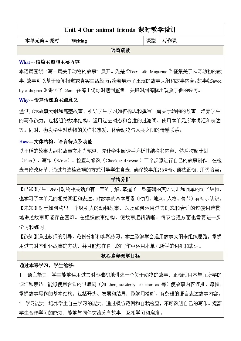 Unit 4 Our animal friends第4课时Writing教学设计第1页
