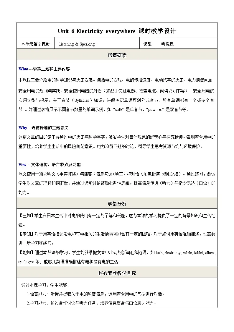 Unit 6 Electricity everywhere第2课时Listening &Speaking 教学设计第1页