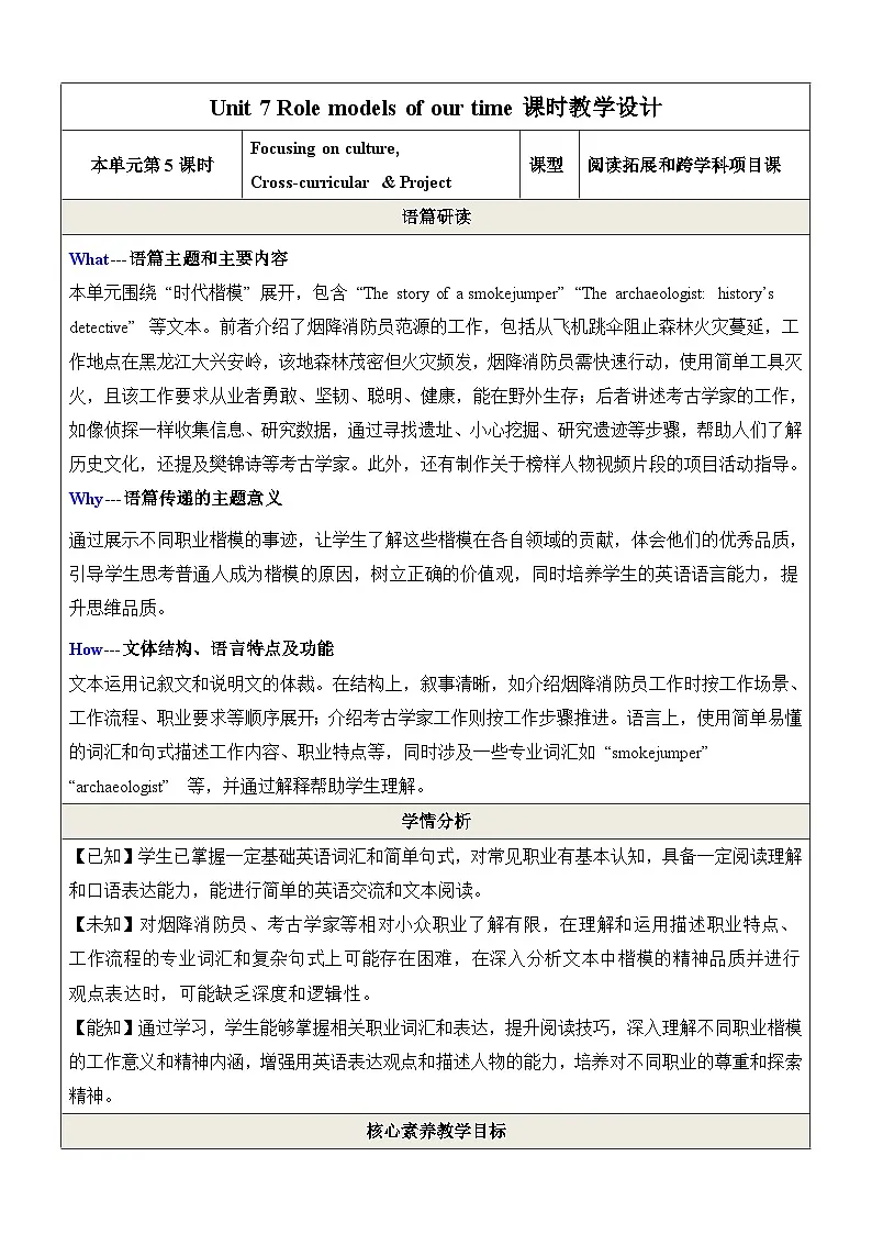 Unit 7 Role models of our time第5课时Focus on culture(阅读拓展与跨学科项目课)教学设计第1页