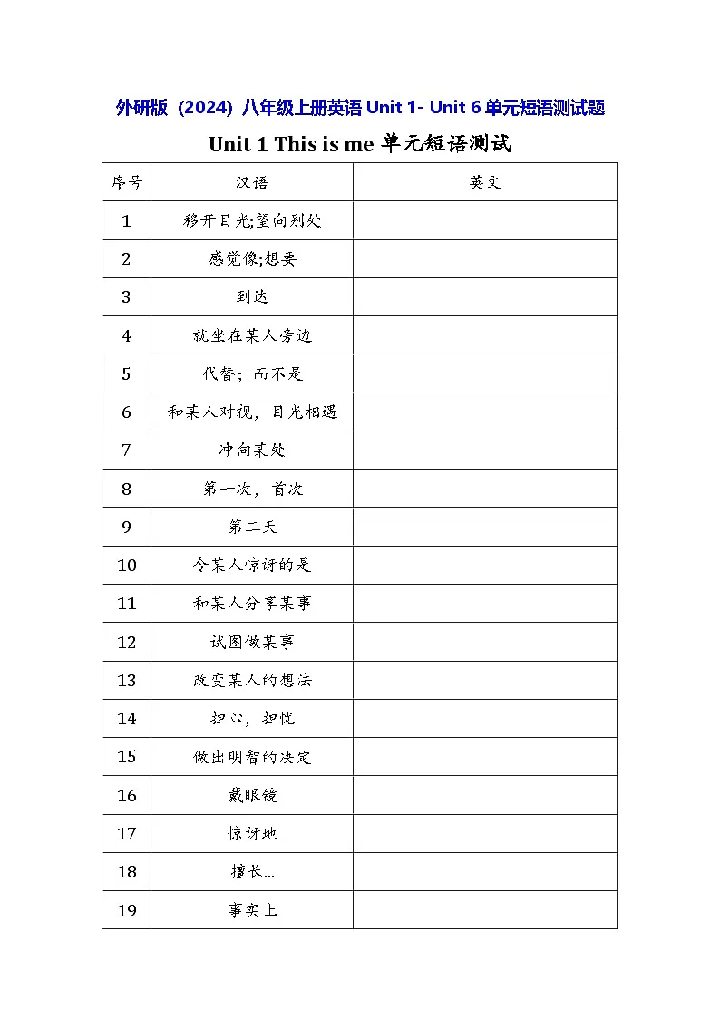 外研版(2024)八年级上册英语Unit 1- Unit 6单元短语测试题(含答案)第1页