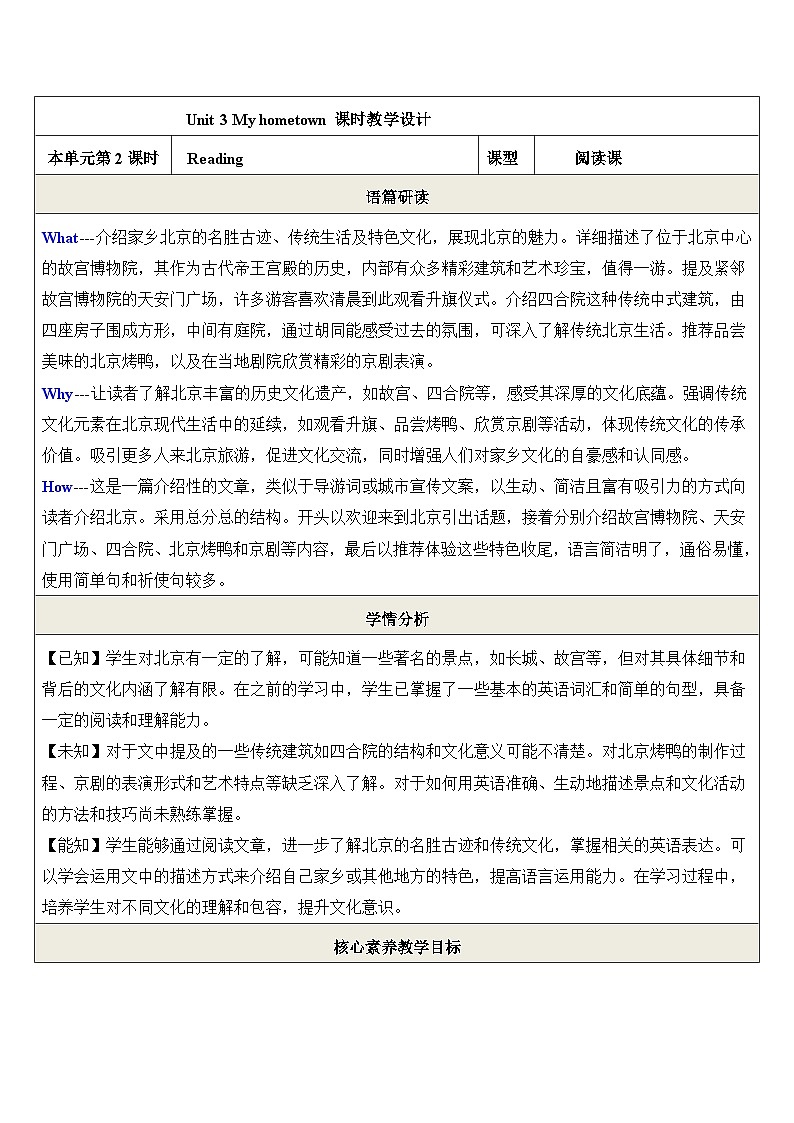 新译林版英语七下Unit 3 My hometown Reading 教学设计第1页