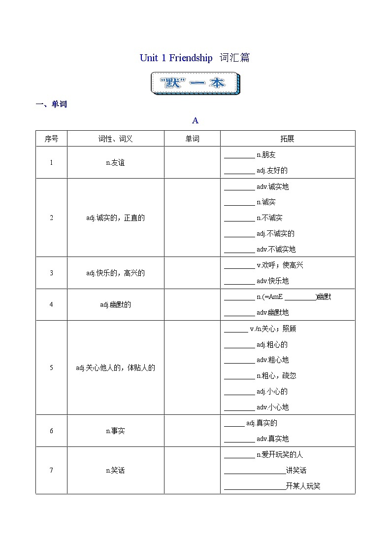 Unit 1 Friendship  詞匯篇（“默”一本）第1頁(yè)