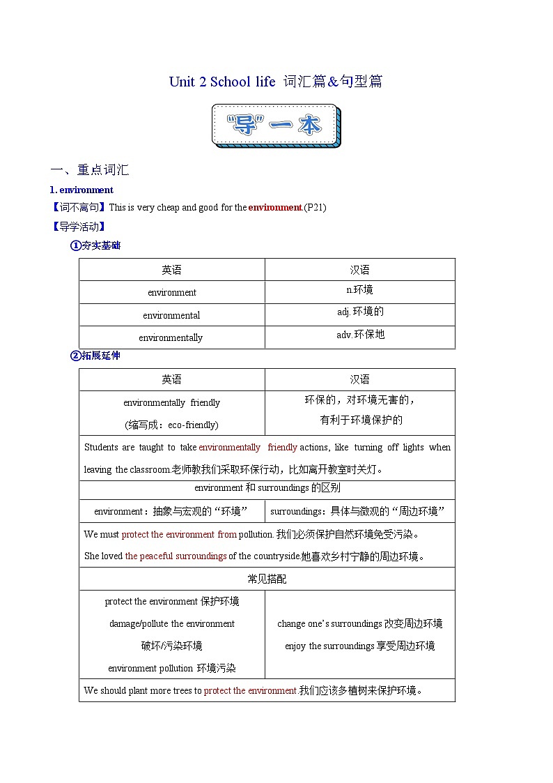 Unit 2 School life   詞匯篇&句型篇（“導(dǎo)”一本）（解析版）第1頁