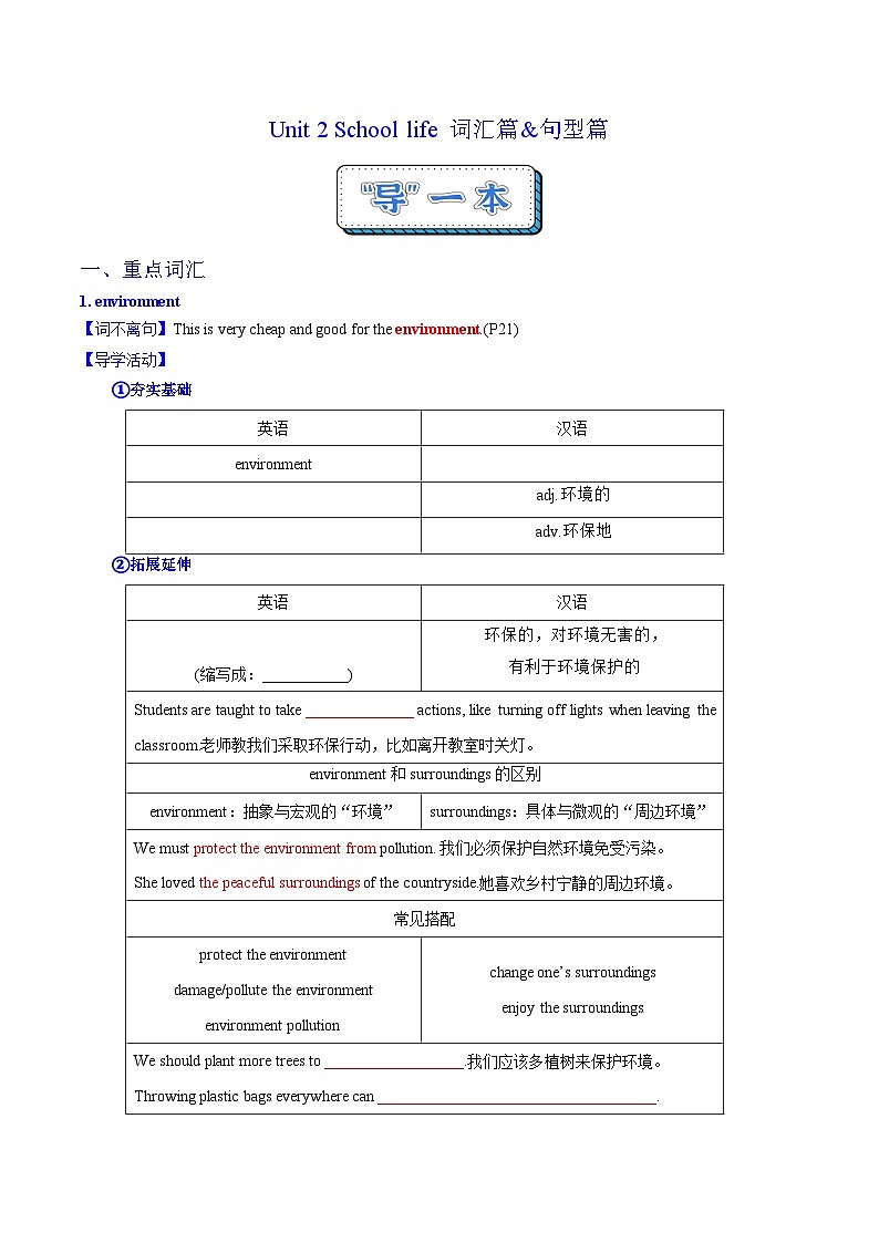 Unit 2 School life   詞匯篇&句型篇（“導(dǎo)”一本）（原卷版）第1頁