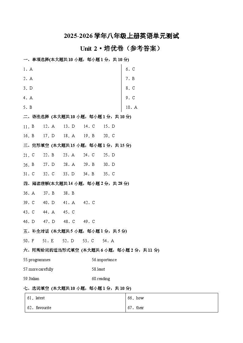 八年級(jí)英語(yǔ)上冊(cè)Unit 2 單元測(cè)試·培優(yōu)卷（參考答案）第1頁(yè)