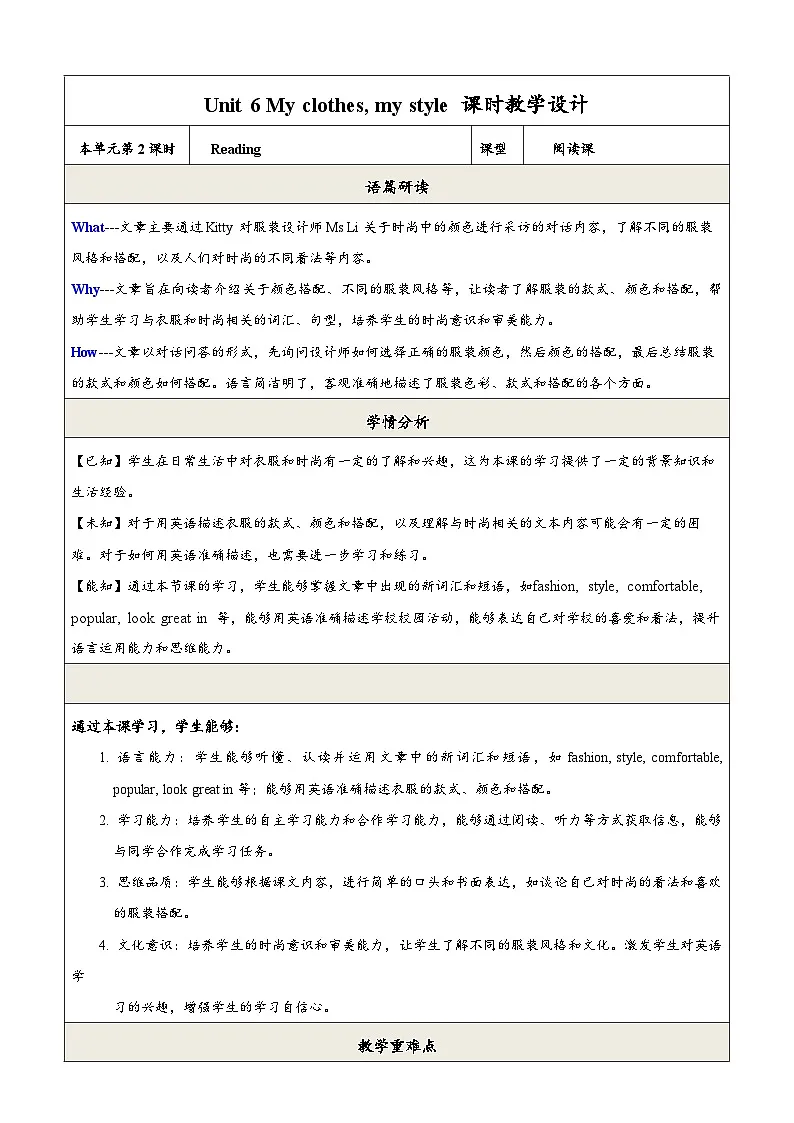 译林版2024版七年级上册英语Unit 6 My clothes my style 第2课时 Reading教学设计第1页