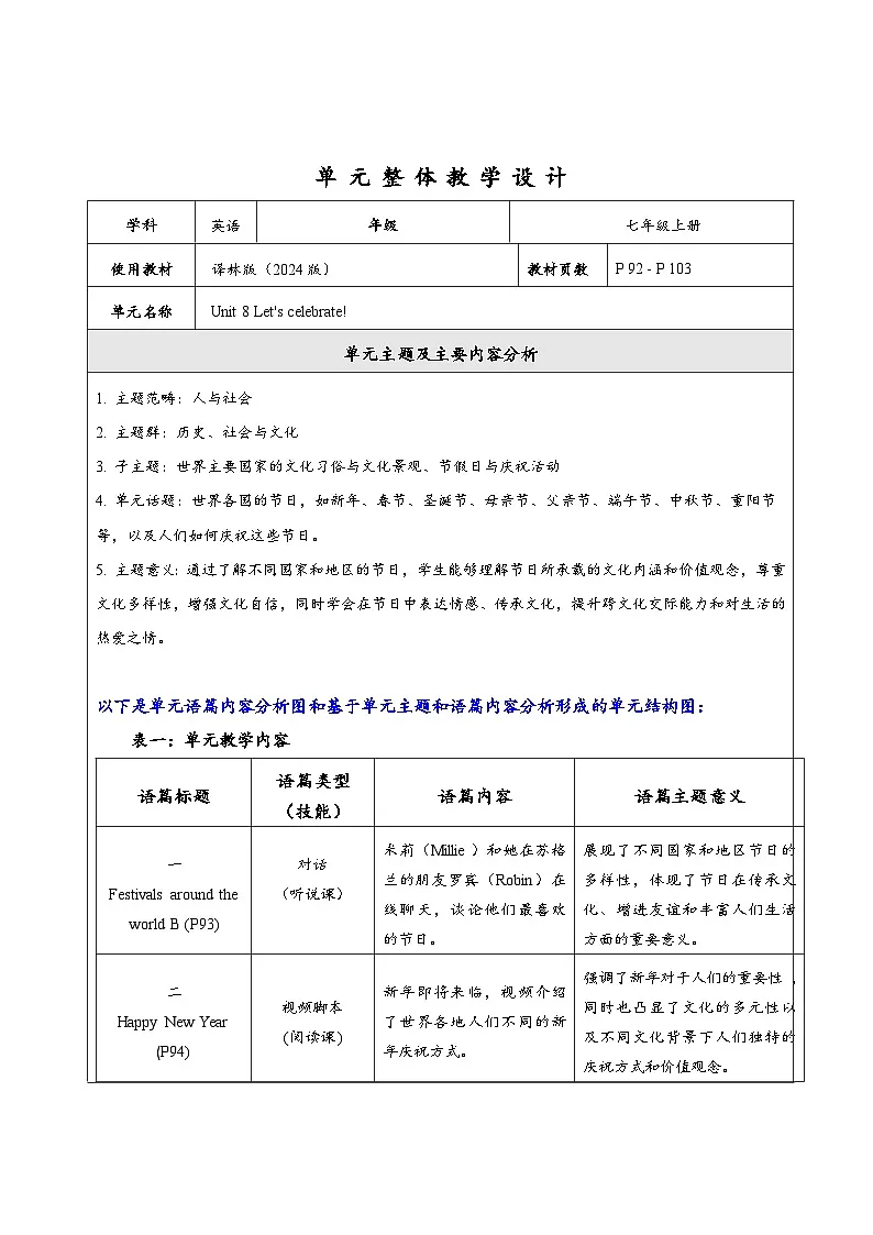 译林版2024版七年级上册英语Unit 8 Let's celebrate! 大单元整体教学分析第1页