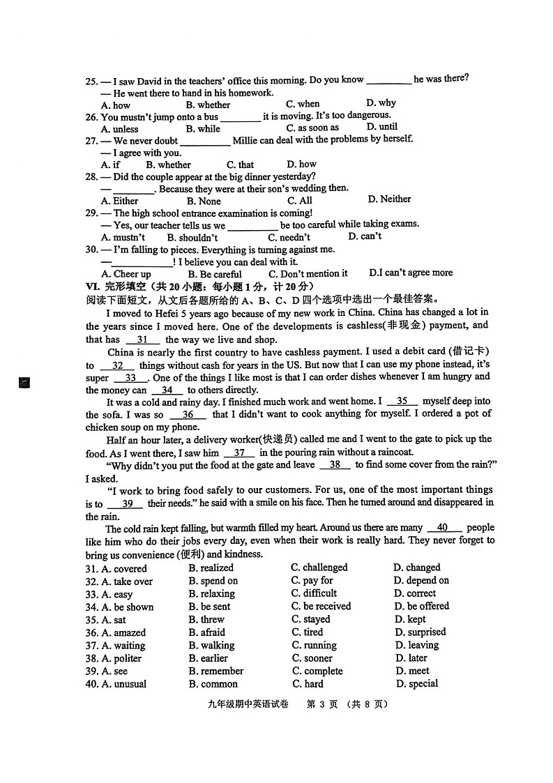 【9上英YL】芜湖市2024-2025学年九年级上学期期中英语素质教育评估试卷第3页