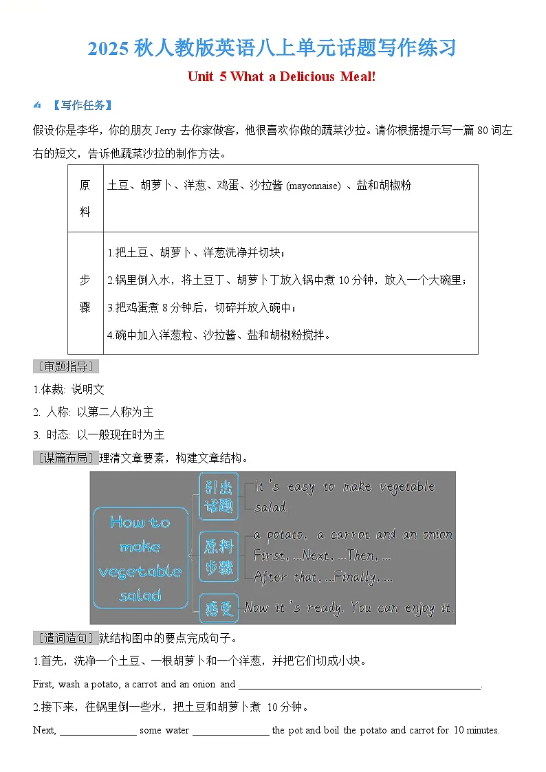 新教材人教版英语八上 Unit5 What a Delicious Meal! 专项单元话题写作练习第1页