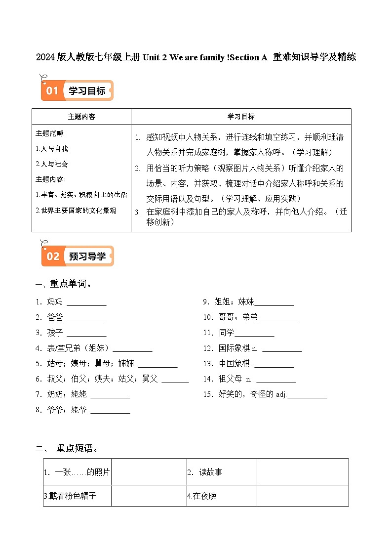 2024版人教版七年级上册英语Unit 2 We are family !Section A 重难知识导学及精练含答案第1页