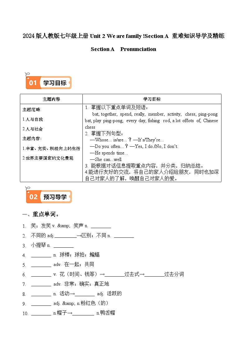 2024版人教版七年级上册英语Unit 2 We are family Section A pronunciation 重难知识导学和精练含答案第1页