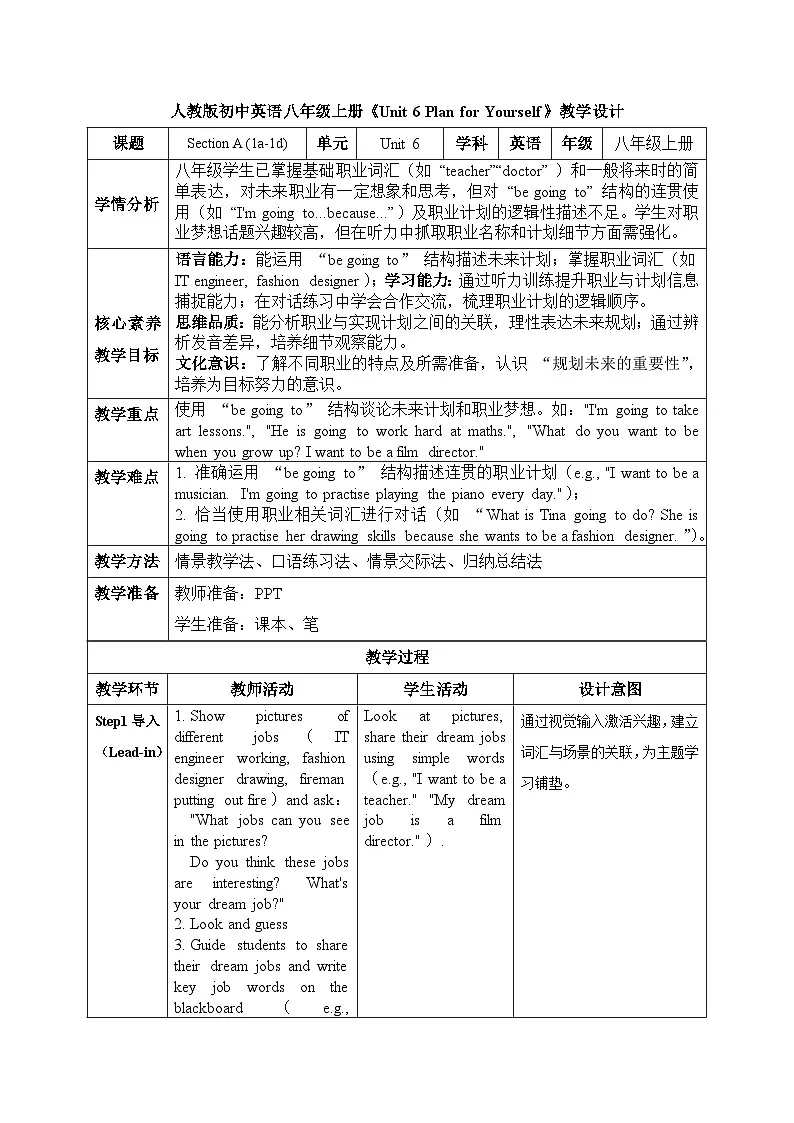 【任务型备课】人教版英语八上-Unit6 Section A 1a-1d(教案)第1页