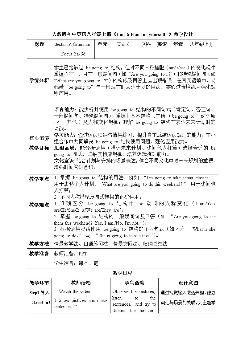 【任务型备课】人教版英语八上-Unit6 Section A Grammar Focus 3a-3d(教案)第1页