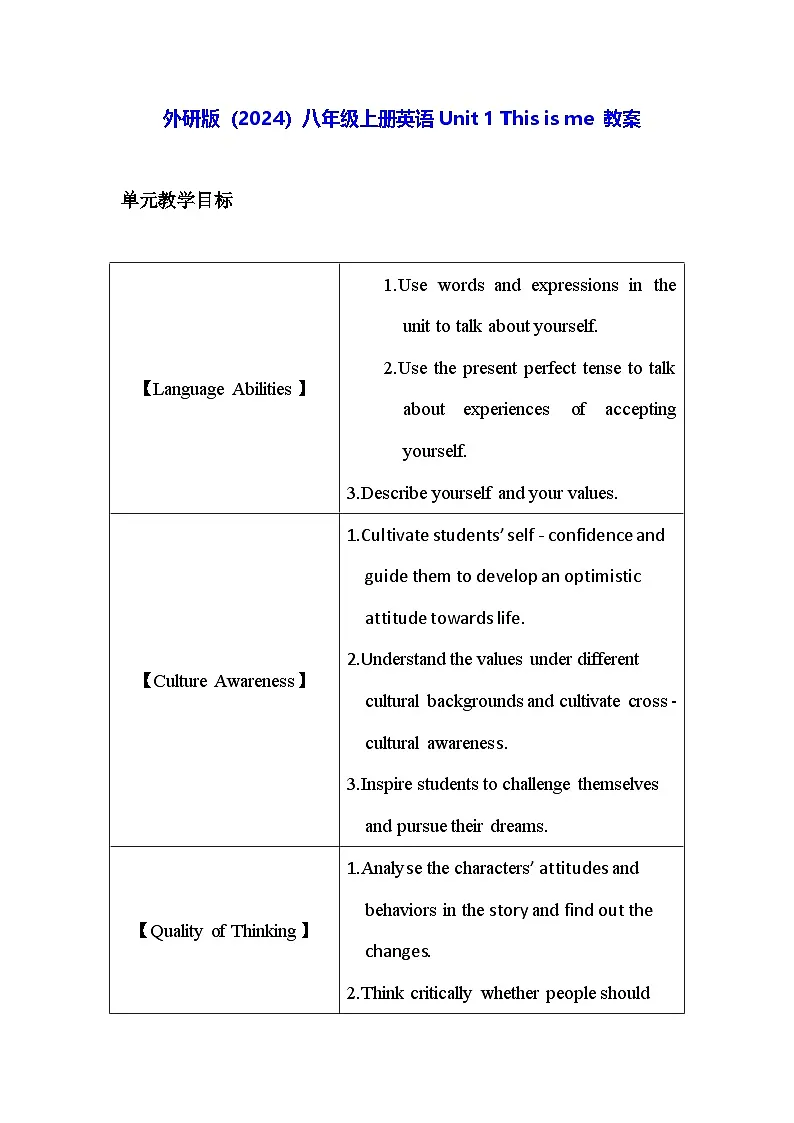 外研版(2024)八年级上册英语Unit 1 This is me 教案(共6课时)第1页