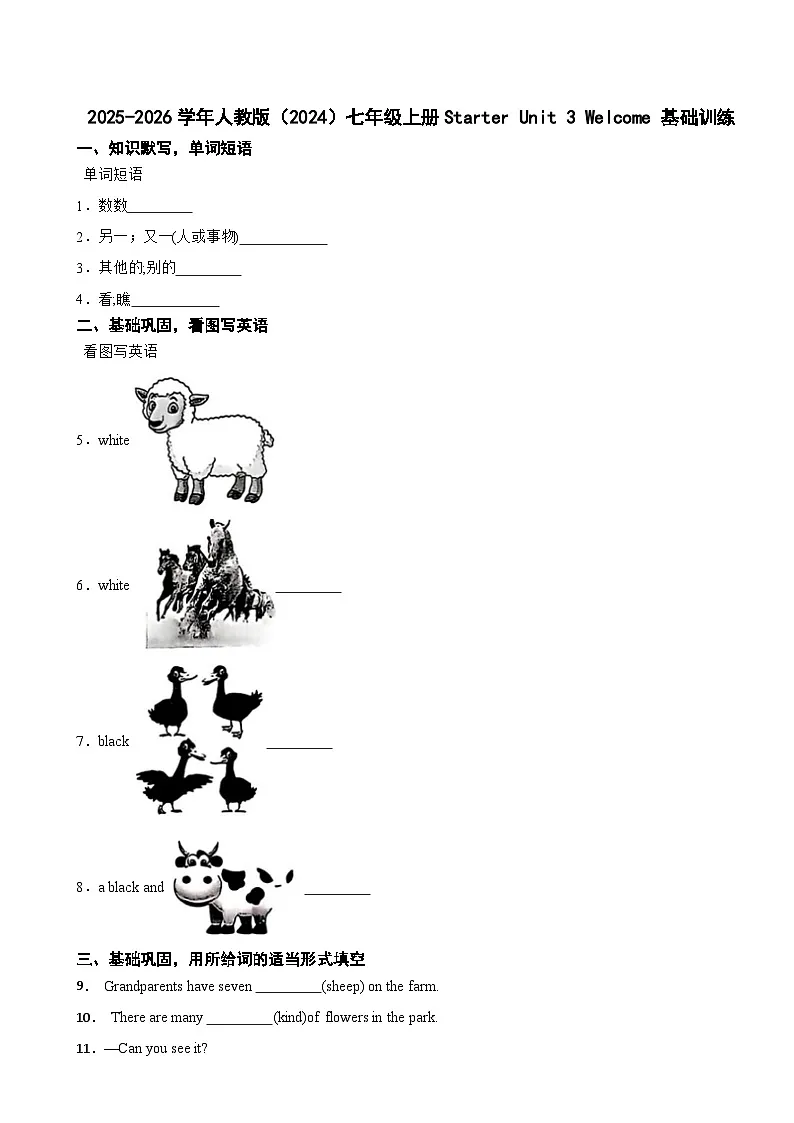 2025-2026学年人教版(2024)七年级英语上册Starter Unit 3 基础训练(有答案)第1页