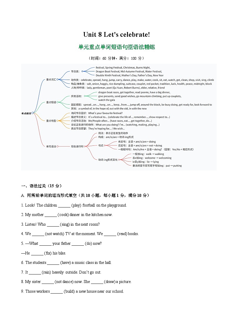 Unit 8 Let's celebrate! 单词短语句型语法(教材考点精练)(原卷版)第1页