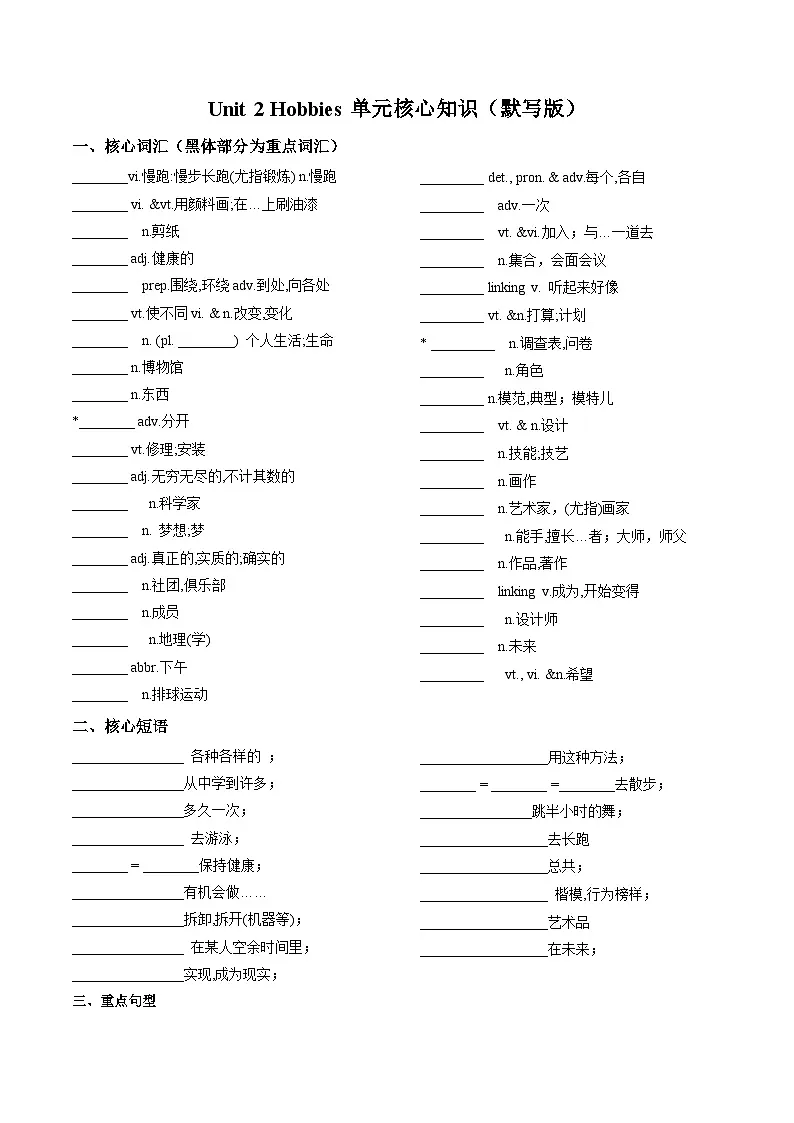Unit 2 Hobbies(单元核心知识)(默写版)第1页
