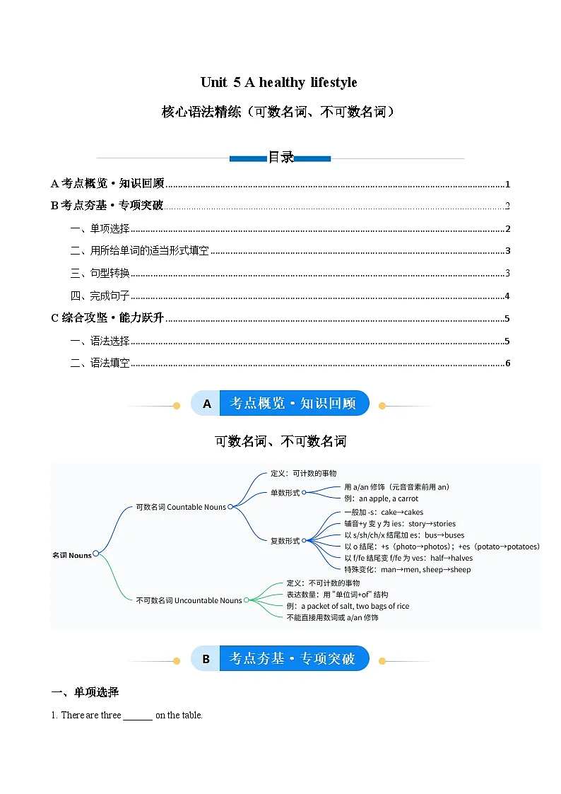 Unit 5 A healthy lifestyle 可数名词、不可数名词(单元核心语法精练)(解析版)第1页