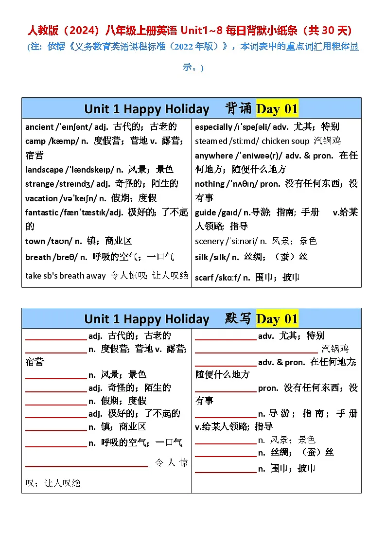 人教版(2024)八年级上册英语Unit1~8每日背默小纸条(共30天)学案第1页