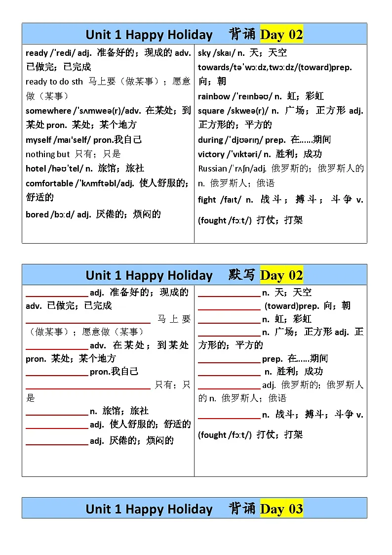 人教版(2024)八年级上册英语Unit1~8每日背默小纸条(共30天)学案第2页
